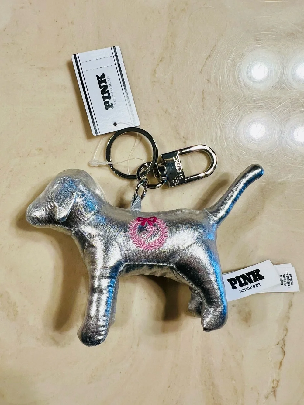 🐕VICTORIA’S SECRET PINK Micro Dog Keychain Charm Metallic Silver Pink Logo Crest